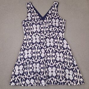GAP Linen Fit & Flare Dress Womens 18 Navy Blue White Abstract Sleeveless V-Neck